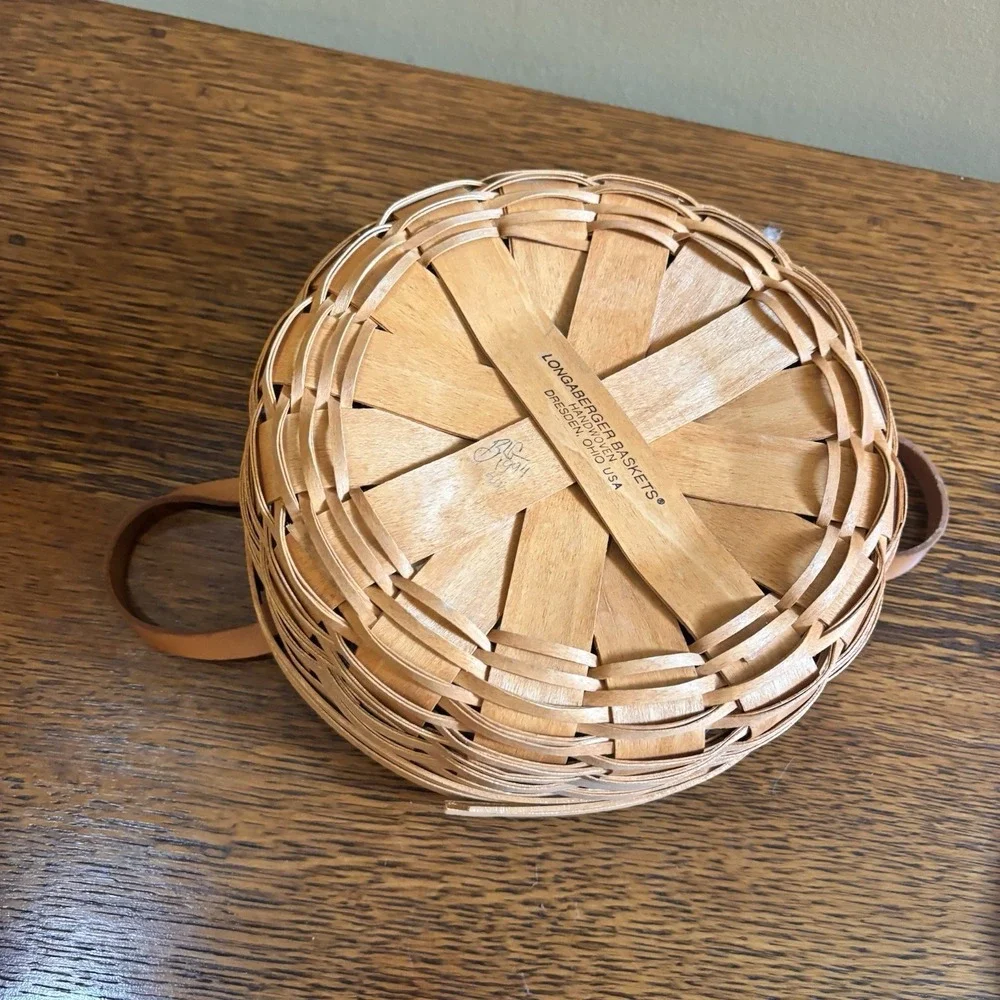 Longaberger Darning Basket 15504 Wood Lid Protector Leather Handles USA w/ Card